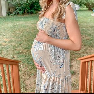 Ivory Palm Leaf Square Neckline Tiestrap Maternity Midi Dress